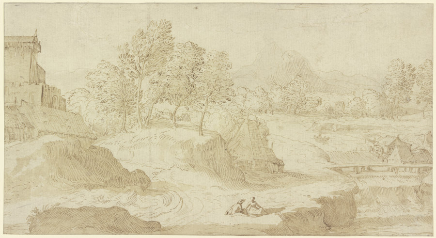 Landschaft mit Schloß, Wassermühle und Dorfhäusern a Domenico Campagnola