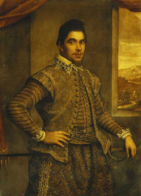 Bildnis eines Gentleman in besticktem Kostüm vor Landschaft. a Domenico Tintoretto