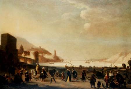 A port with street vendors and peasants in the foreground (panel) a Dutch School