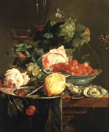 Still Life of Roses, Oysters, Strawberries in a Porcelain Bowl and Other Fruits on Pewter Ware a Dutch School