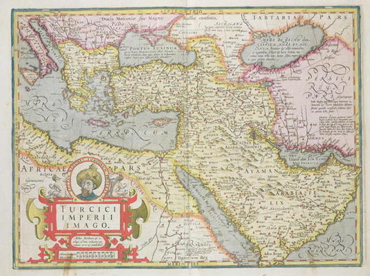 Map of the Turkish Empire, from the Mercator 'Atlas' pub. by Jodocus Hondius (1563-1612) Amsterdam, a Dutch School, (17th century)