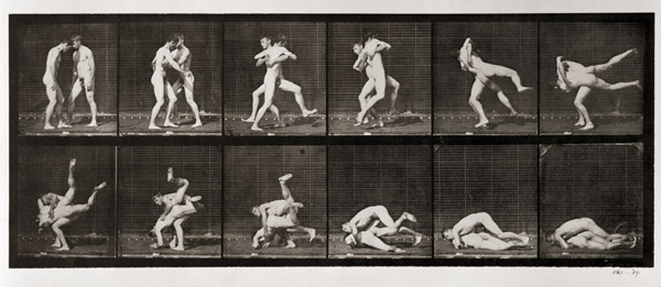 Two Men Wrestling, plate 347 from ''Animal Locomotion'', 1887 (b/w photo)  a Eadweard Muybridge