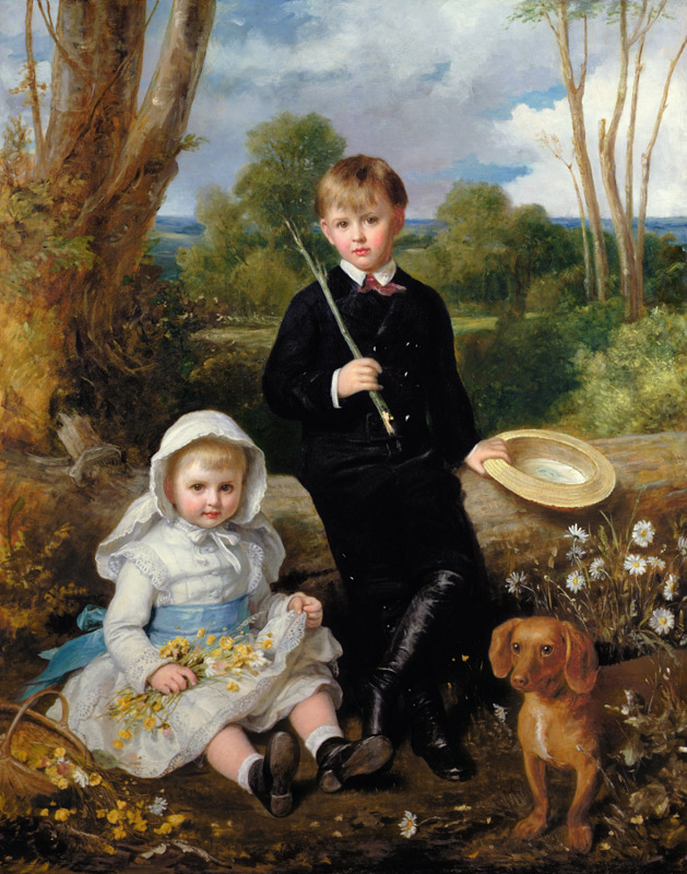 Portrait of a Brother and Sister with their Pet Dog in a Wooded Landscape a Eden Upton Eddis