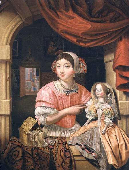 Young woman holding a doll in an interior with a maid sweeping behind a Edwaert Colyer or Collier