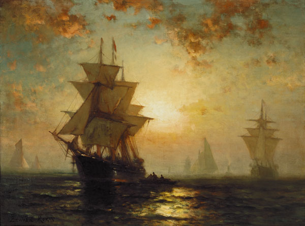 Sailing ships at sunset a Edward Moran