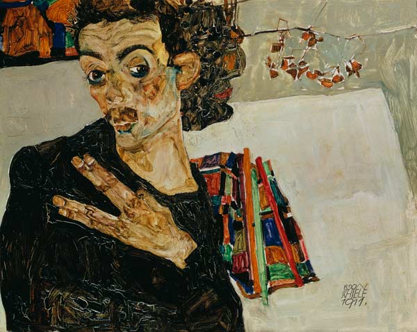 Self-portrait with a black earthenware vessel a Egon Schiele