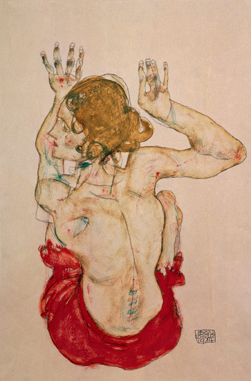 Back act of a girl sitting on a red cloth a Egon Schiele