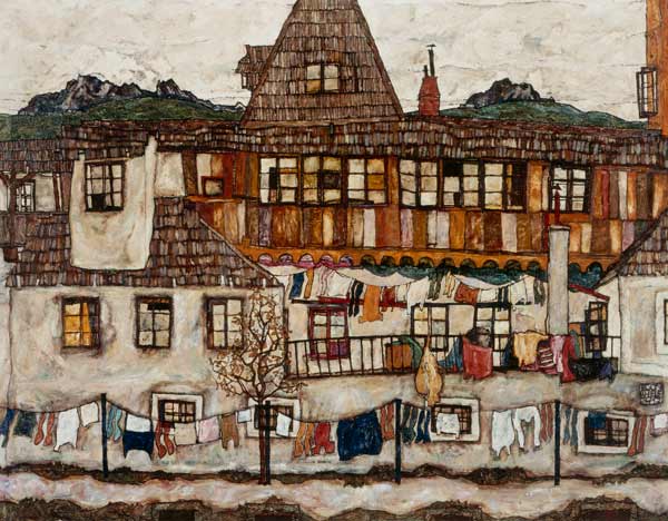 Casa con biancheria stesa a Egon Schiele