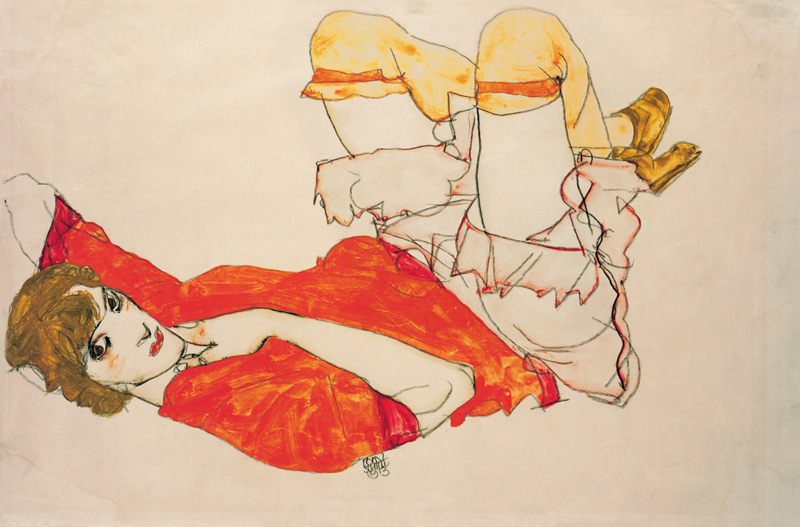 Wally knees lifted up in a red blouse a Egon Schiele