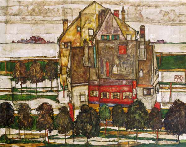 Einzelne Häuser (Häuser mit Bergen) a Egon Schiele