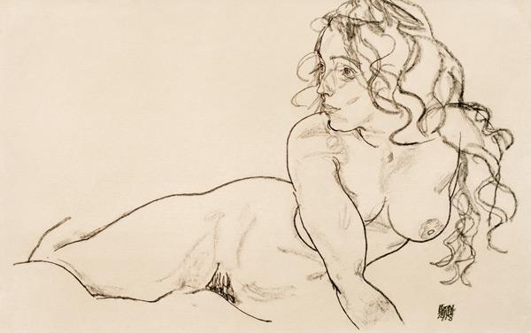 Nudo femminile a riposo con capelli lunghi - Egon Schiele