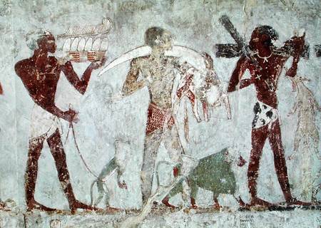 Kushites carrying tributes of gold, ivory and animal skins, from the Tomb of Rekhmire, vizier of Tut a Egizi