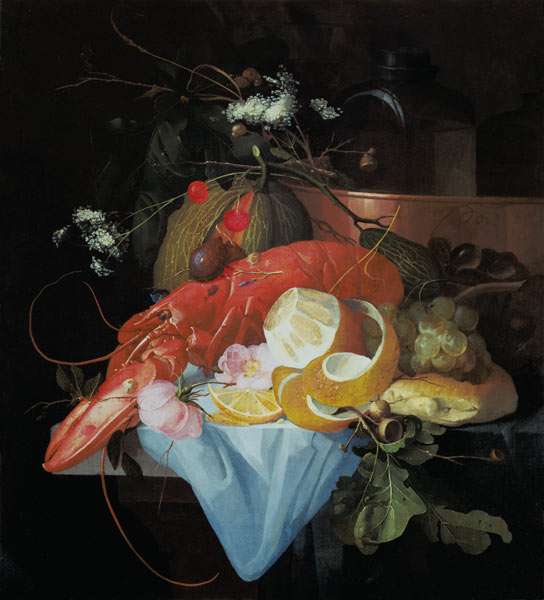 A Still Life with Lobster, Lemon and Grapes a Elias van den Broeck