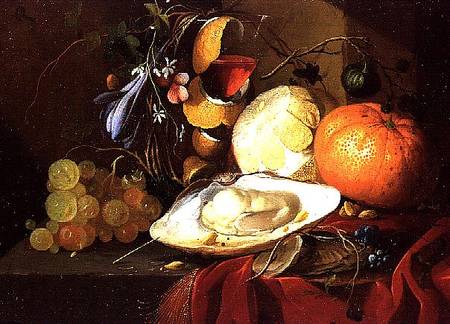 An oyster, a glass of wine and fruit on a table covered with a red velvet drape a Elias van den Broeck