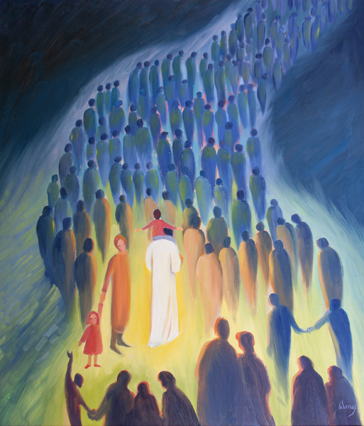 Christ walks amongst his people, with the pilgrims and the sick ones, a child on His shoulders a Elizabeth  Wang