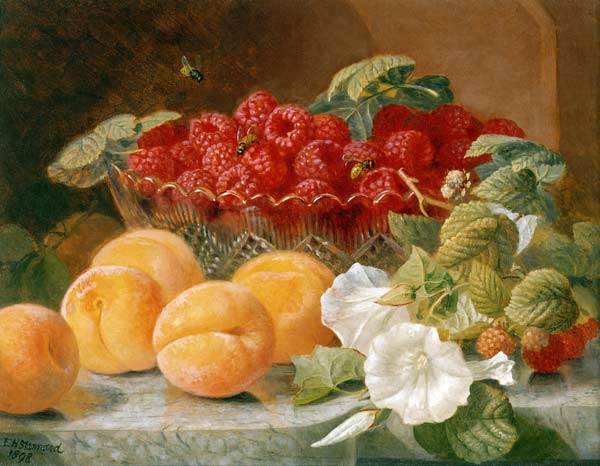 Bowl of raspberries and peaches a Eloise Harriet Stannard