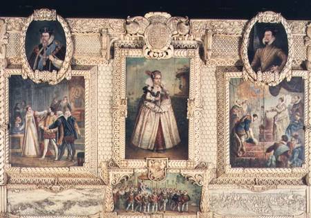 Collection of six miniatures depicting Queen Elizabeth I, figures and scenes from her life a Scuola Inglese