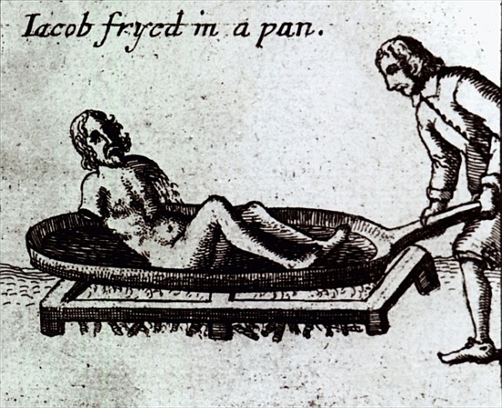Jacob Fryed in a Pan, illustration from ''General Martyrology'' by Samuel Clarke (1599-1682) publish a Scuola Inglese