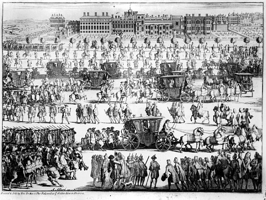 King George I procession to St. James''s Palace, 20th September 1714; engraved by Abraham Allard a Scuola Inglese