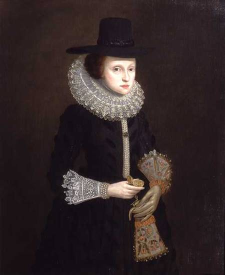 Portrait of Hester Crispe holding a Watch a Scuola Inglese