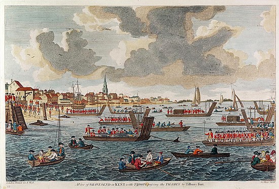 View of Gravesend with troops crossing the Thames to Tilbury Fort a Scuola Inglese