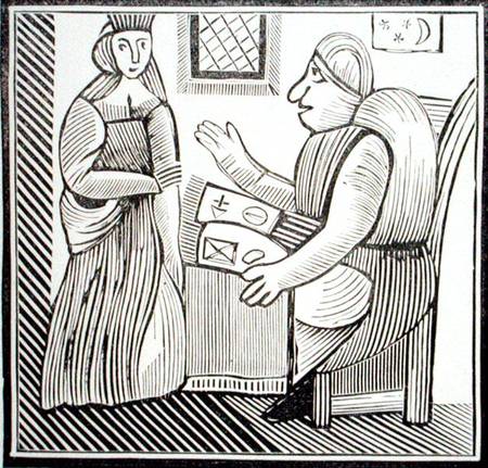 A Woman seeks guidance from the Soothsayer, copy of an illustration from 'The History of Mother Bunc a Scuola Inglese