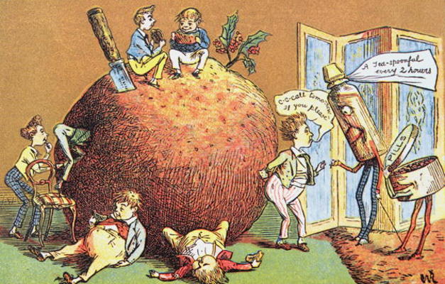 The Christmas Pudding, a Victorian christmas card (colour engraving) a English School, (19th century)