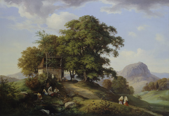 Mountainous landscape with cluster of trees and chapel in the background of the boron a Ernst Ferdinand Oehme