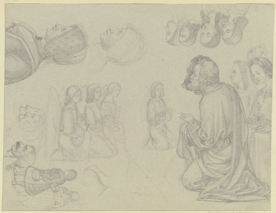 Ein kniender Heiliger, dabei zwei Engel, verschiedene kniende Engel, Köpfe und in der linken Ecke zw a Ferdinand Fellner