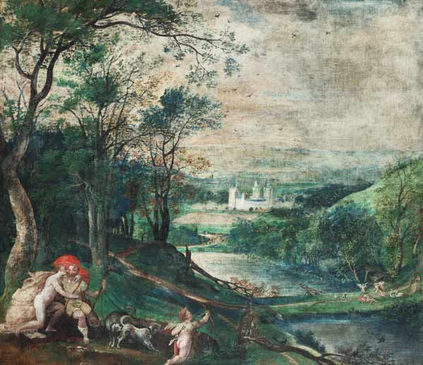 Venus and Adonis in a wooded Landscape in front of Castle Beersel a Flämisch/Holländisch