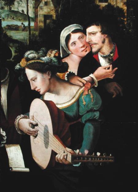 Scene Galante at the Gates of Paris, detail of a couple and a lute player a Scuola Fiamminga
