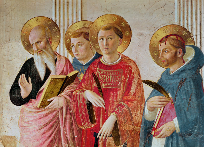 Madonna of the Shadow, detail of Saints John the Evangelist, Thomas Aquinas, Lawrence and Peter Mart a Fra Beato Angelico