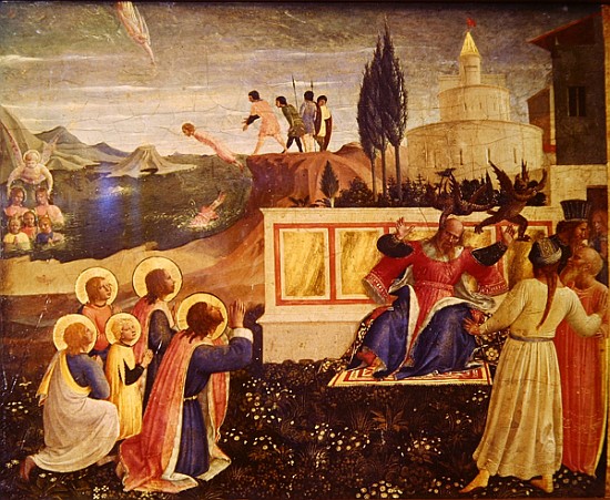 Saints Cosmas and Damian are thrown into the sea; demons escape from the mouth of the proconsul Lysi a Fra Beato Angelico