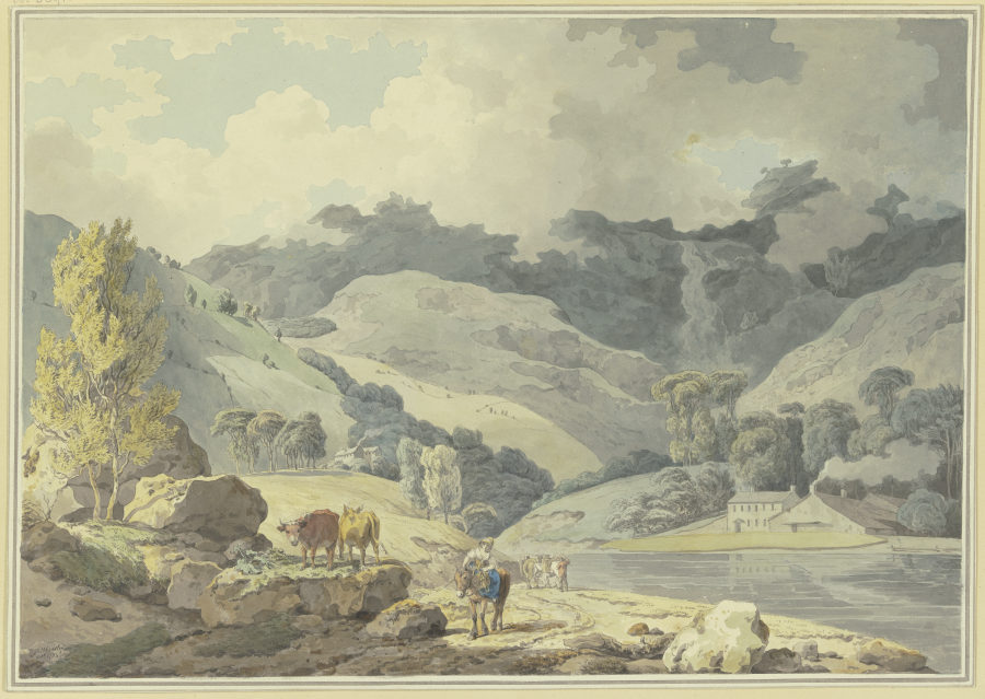 Gebirgslandschaft, auf dem Weg ein Mädchen zu Pferde, links zwei Kühe a Francis Wheatley