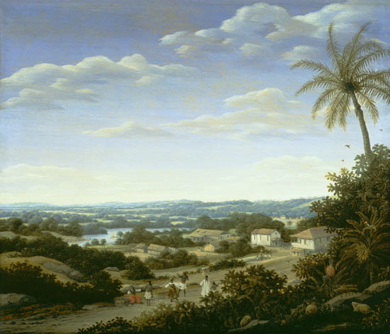 Brazilian landscape with natives on a road approaching a village a Frans Post