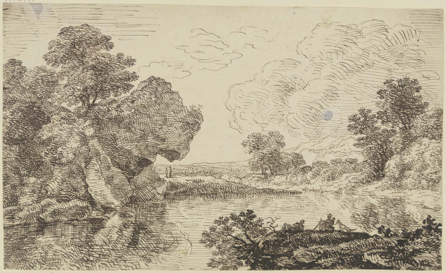 Flußlandschaft mit großem Felsen und Staffagefiguren a Franz Innocenz Josef Kobell