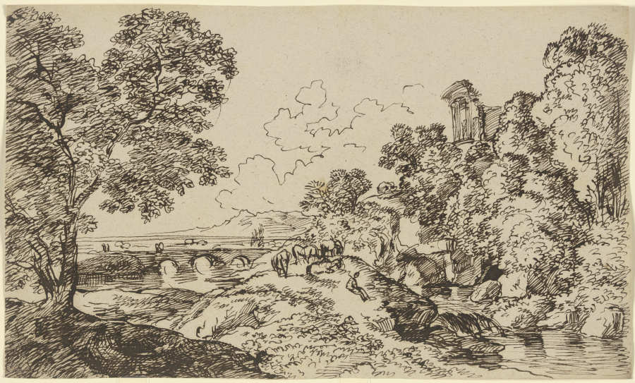 Flusslandschaft mit weidender Herde, im Mittelgrund eine Brücke und die Ruine eines Monopteros a Franz Innocenz Josef Kobell