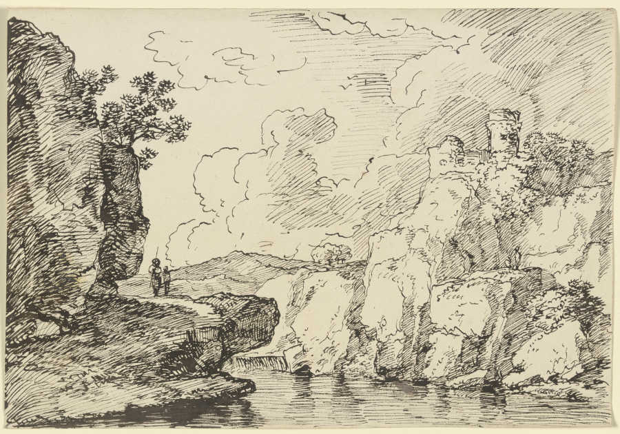 Gewässer, links auf dem Felsvorsprung zwei Wanderer, rechts auf dem Felssporn eine Burgruine a Franz Innocenz Josef Kobell