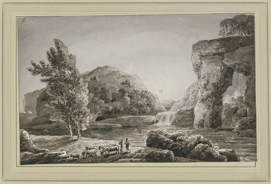 Ideallandschaft mit Wasserfall und einer Viehherde mit zwei Hirten a Franz Innocenz Josef Kobell