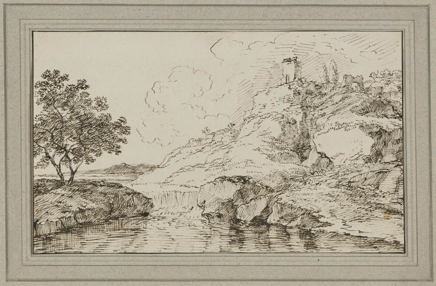 Landschaft mit Wasserfall, rechts auf dem Berg eine Ruine a Franz Innocenz Josef Kobell