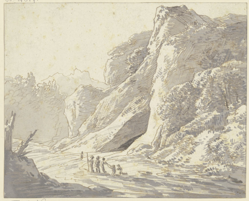 Steile Felspartie, im Vordergrund Staffagefiguren a Franz Innocenz Josef Kobell