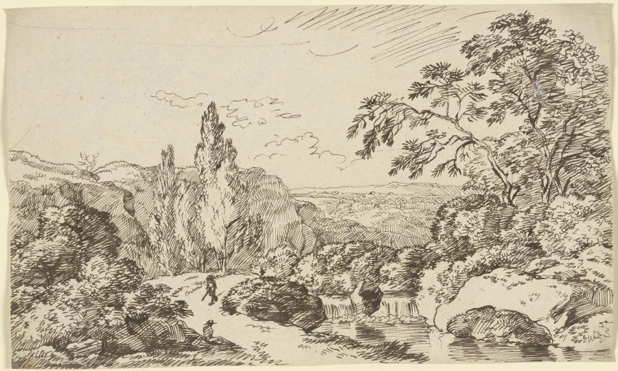Weg entlang eines Wasserlaufes, im Hintergrund eine waldbestandene Ebene a Franz Innocenz Josef Kobell