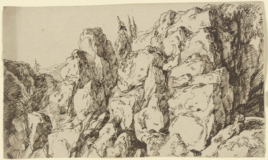 Zerklüftete Felswand, vorne rechts eine am Hang sitzende Gewandfigur a Franz Innocenz Josef Kobell