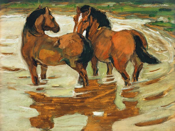 Zwei Pferde in der Schwemme a Franz Marc