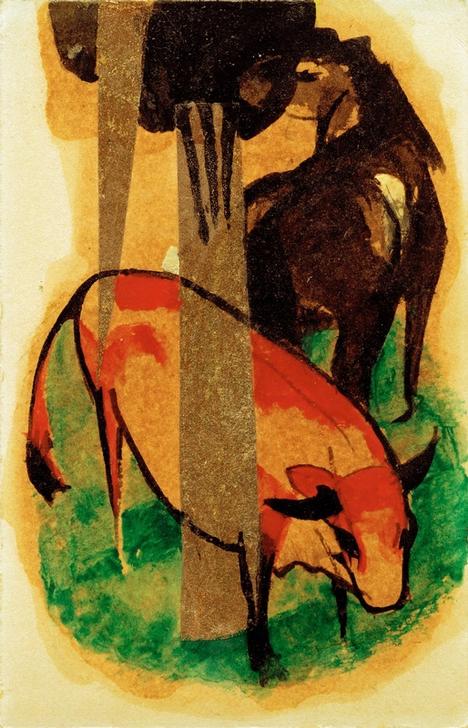 Black Brown Horse and Yellow Cow a Franz Marc