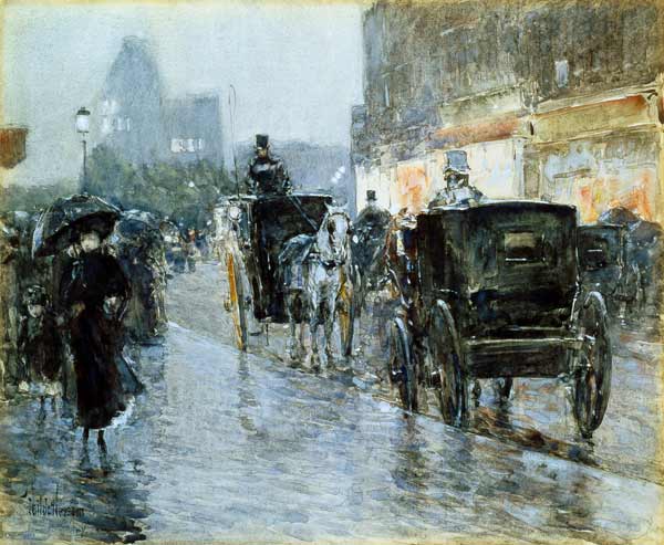 Horse Drawn Cabs at Evening, New York a Frederick Childe Hassam