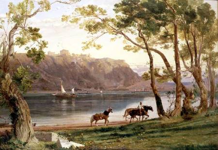 River landscape with barge horses a Frederick Lee Bridell