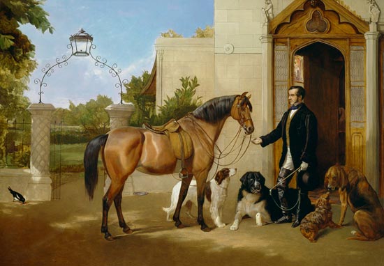 Uomo con cavallo e cani da caccia davanti alla porta a Frederick W. Keyl