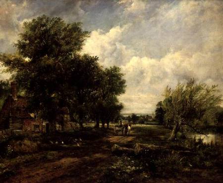 Wooded river landscape with a cottage and a horse drawn cart a Frederick Waters Watts