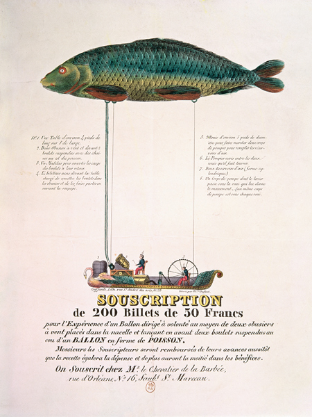 Poster advertising the subscription for a dirigible balloon in the shape of a fish a Scuola Francese